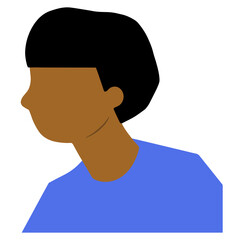 Ilustración chico de perfil con pelo corto negro y camiseta azul.