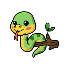 Fototapeta premium Cute little green snake cartoon on tree branch