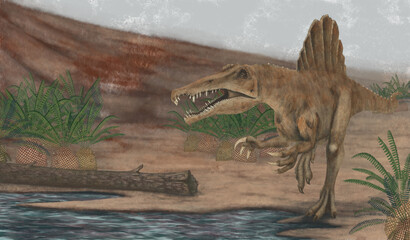 Ilustración científica, Espinosaurio en paisaje cretácico. Yacimiento de Tenadas de Costalomo (España). © BeatrizLópezGallego