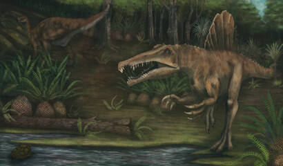 Ilustración científica, Espinosaurio e iguanodon en paisaje cretácico. Yacimiento de Tenadas de Costalomo (España). © BeatrizLópezGallego