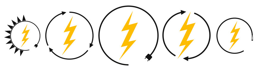 Electric car charging and renewable energy icons, graphic design template, lightning bolt, vector illustration