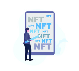 NTF concept illustration. A young man draws the inscriptions NTF with a large pencil on the tablet screen. Vector flat illustration