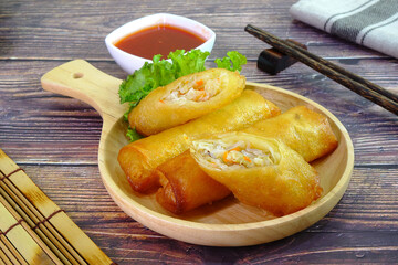 Spring rolls.Deep fried crispy spring rolls, popular Chinese appetizer, vegetarian food