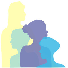 Ilustración, siluetas multicolor, composición de cuatro personas, diversidad. Verde, amarillo, turquesa y morado. 