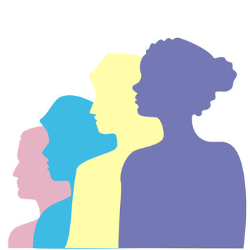 recommend clip art: Ilustración, siluetas multicolor, grupo de cuatro personas, diversidad. Rosa, amarillo, turquesa y morado. 