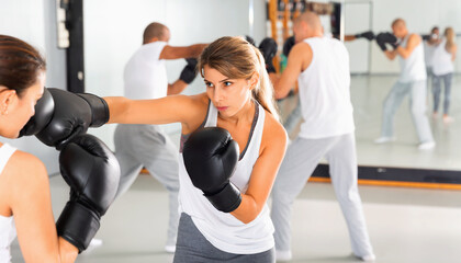 Two diligent efficient glad women in boxing gloves have boxing fight in the gym