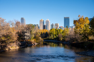 Calgary's skyline along the Elbow River in fall