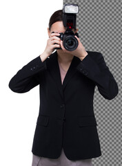 Half body 20s Asian woman hold dslr camera wear blazzer suite as journalist photographer, isolated