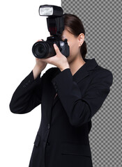 Half body 20s Asian woman hold dslr camera wear blazzer suite as journalist photographer, isolated