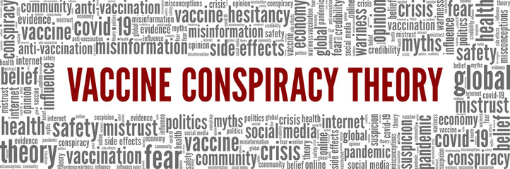 Fototapeta premium Vaccine conspiracy theory vector illustration word cloud isolated on white background.