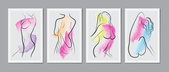 Set of sexy woman art free hand draw with watercolor paint background illustrations for wall decoration, postcard or brochure cover design. Vector EPS10.
