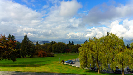 Fototapeta na wymiar View from car park at Burnaby Mountain Park, BC, on a cloudy Fall day.