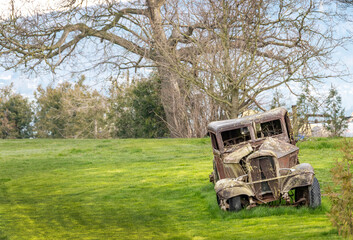 rusted truck body in green field