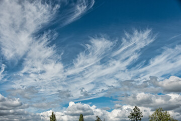 wispy soft clouds in blue sky with contrasting dark clouds