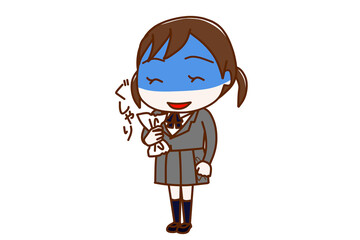 ＜全身・斜め＞紙をぐしゃりと握りつぶして顔色悪く不穏な笑顔を浮かべる女子学生