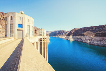 Fototapeta na wymiar Lake Mead, the largest reservoir in the US drops to a record low water level. View from Hoover Dam walkway, Nevada side