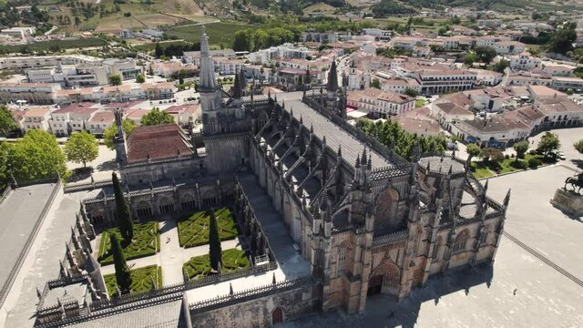 Aerial shot of most fascinating Gothic monuments of Iberian Peninsula, Monastery of Batalha.