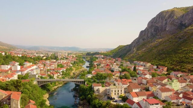 Old Town Of Mostar In Bosnia and Herzegovina - aerial drone shot