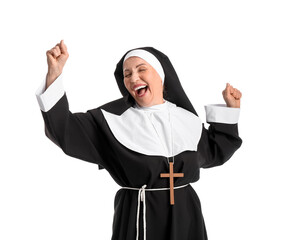 Happy mature nun dancing on white background