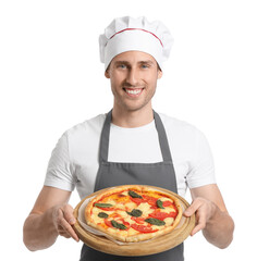 Handsome chef holding board with delicious pizza on white background