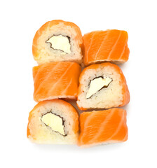 Portion of tasty sushi rolls with salmon and philadelphia cheese on white background