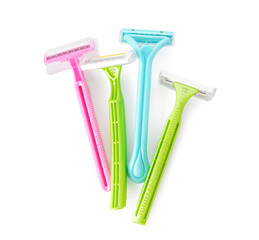 Many different razors on white background