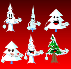 Cartoon winter pine trees with faces drinking coffee. Cute forest trees. Snow on pine cartoon character, funny holiday vector illustration.