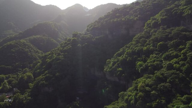 Aztec jungle pyramid in Malinalco Mexico. Flying into the jungle. 