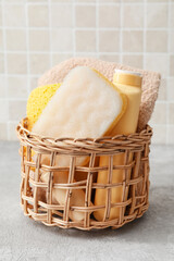 Fototapeta premium Bath accessories set with sponges, shower gel and towel