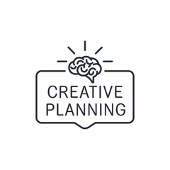 Creative planning badge with brain. Vector linear icon isolated on white background.