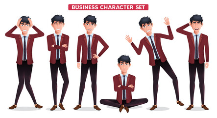 Businessman character vector set. Business man boss employee characters standing with smiling and angry expressions isolated in white background for employee collection design. Vector illustration.
