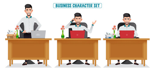 Businessman working characters vector set. Business man character sitting, talking and working in office chair and table for boss employee workplace design. Vector illustration.
