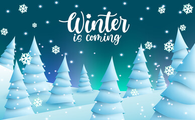 Winter vector background design. Winter is coming text with fir trees and snow flakes falling elements in ice land forest for cold season design. Vector illustration.
