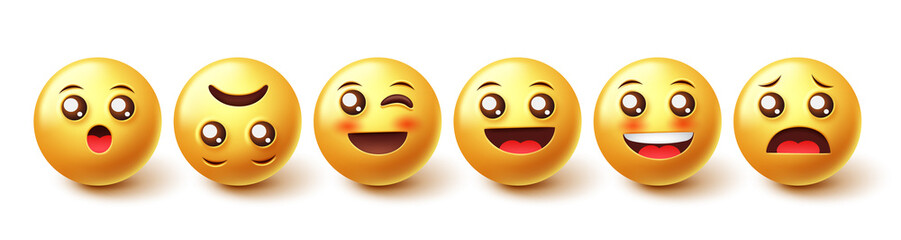 Smileys character vector set. Smiley 3d graphic design emojis in smiling, blushing and surprised face characters collection isolated in white background. Vector illustration.
