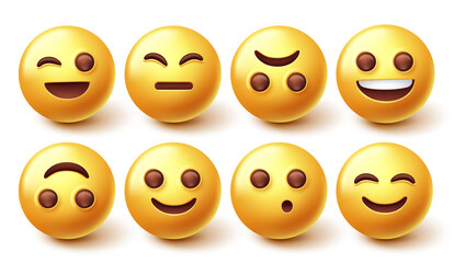 Emoji smileys character vector set. Emoticon cute yellow smileys isolated in white background with facial emotions for graphic design character collection. Vector illustration.

