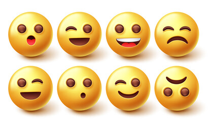 Emoji smileys character vector set. Smiley 3d emoticon in happy, sad and winking cute facial expression isolated in white background for emojis design collection. Vector illustration.
