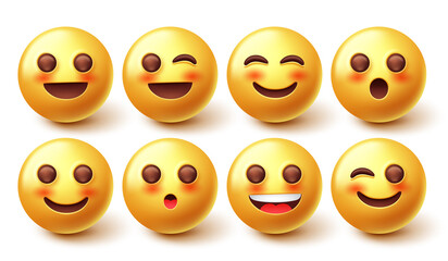 Fototapeta premium Smileys blushing emoticon vector set. 3d emoticons in winking, blushing and smiling face emotion characters for cute emoji facial expression design. Vector illustration. 