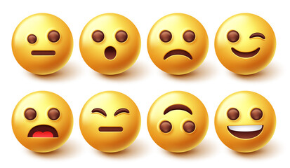 Smileys character vector set. Emoji 3d smiley with happy, sad and upset face emotion isolated in white background for emoticon character graphic design elements. Vector illustration.
