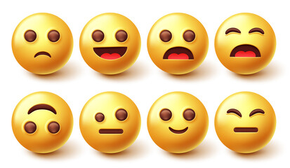 Smileys emoji character vector set. Smiley 3d emoticon with happy, sad and cute face emotion isolated in white background for emojis character graphic design collection. Vector illustration.

