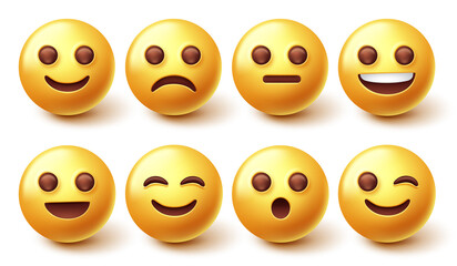 Emoji smileys character vector set. Smiley yellow emoticon happy, sad, fun and cute face collection isolated in white background for graphic design elements. Vector illustration.
