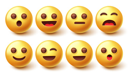 Emoji character vector set. Smileys emoticon cute yellow collection isolated in white background for graphic design character elements. Vector illustration.
