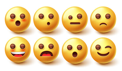 Emoji smileys character vector set. Smiley 3d emoticon in happy and surprised facial expression isolated in white background for emojis design collection. Vector illustration.
