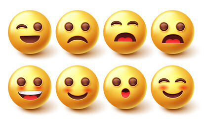 Smiley characters vector set. Smileys 3d emoticon design collection with facial emotion expression isolated in white background for graphic emojis elements. Vector illustration.
