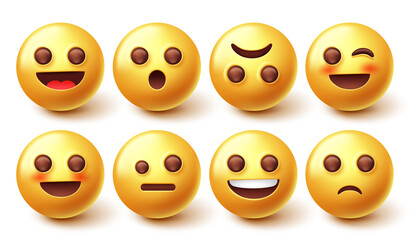 Emoji smiley characters vector set. Smileys 3d yellow face graphic design with facial mood expression isolated in white background for emojis reaction collection. Vector illustration.
