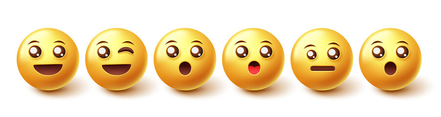Smileys emoji characters vector set. 3d smiley emoticons with happy facial emotion and expression isolated in white background for emojis collection. Vector illustration.
