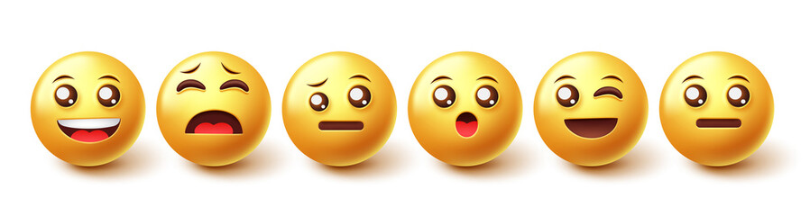 Smileys character vector set. Emoji emoticons in 3d collection with cute, happy and smiling emoticon characters for emojis expression graphic design. Vector illustration.
