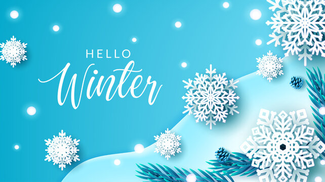 Winter snowflakes vector background design. Hello winter greeting text with snow flakes paper art pattern element in blue space for snow elements decoration. Vector illustration.
