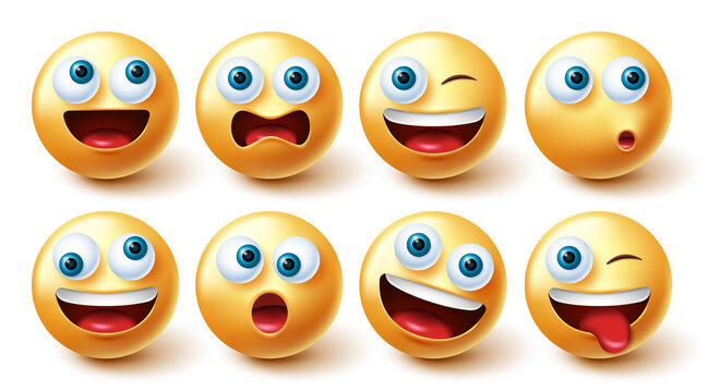 Smileys emoji face vector set. Smiley emoticon happy and naughty face collection isolated in white background for graphic design elements. Vector illustration.
