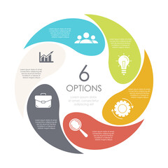 Circle infographic with 6 steps or options. Infographics template for business concept with arrow can be used for layout, presentations, banner, round diagram or graph. Vector illustration