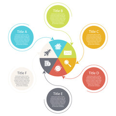 Circle infographic with 6 steps or options. Infographics template for business concept with arrow can be used for layout, presentations, banner, round diagram or graph. Vector illustration